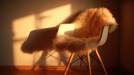 A stylish modern chair adorned with a soft fur throw sits quietly in a sunny room, casting a gentle shadow on the floor during the golden hour.の素材