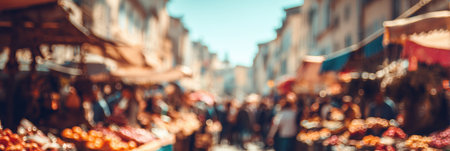 Crowds of people explore a lively marketplace filled with colorful stalls selling fresh produce, flowers, and local goods under a clear sky.の素材