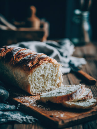 Golden crusted loaf of bread sits on a wooden cutting board with a few slices neatly cut, surrounded by a cozy kitchen atmosphere in soft afternoon light.の素材