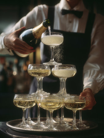 A waiter skillfully pours champagne into stacked glasses, forming a stunning tower at a festive gathering, enhancing the celebratory atmosphere.の素材