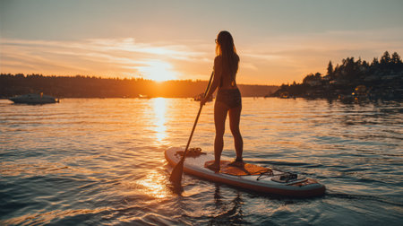 A person paddleboards on a calm lake as the sun sets, creating colorful reflections on the water and a serene atmosphere around the distant shoreline.の素材