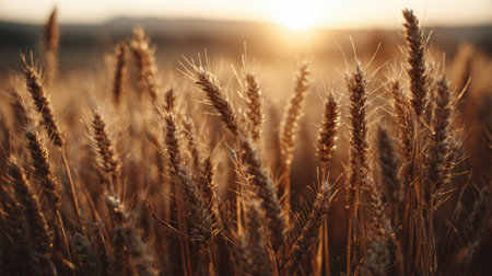 Wheat stalks towards reach the sun as it sets, casting a golden hue over the expansive field, signaling the end of a fruitful harvest day.の素材