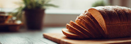 Sliced bread rests on a wooden board as sunlight streams through the window, highlighting the texture and warmth of the bread in a welcoming kitchen.の素材