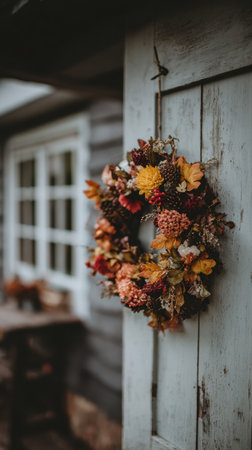 A vibrant autumn wreath made of leaves and flowers adorns a weathered door, enhancing the charm of a rustic home in a countryside area during fall.の素材