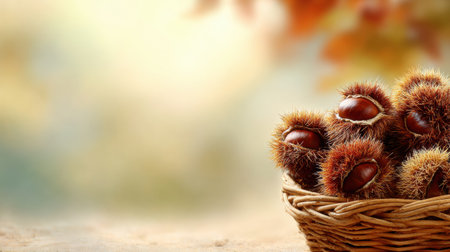 A woven basket filled with freshly harvested chestnuts sits against a soft focus autumn background, highlighting the warm colors of fall foliage.の素材