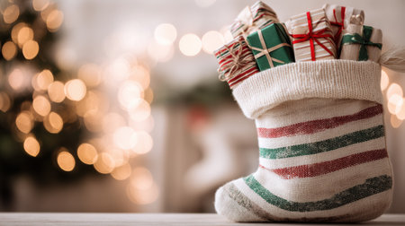 Christmas stocking is overflowing with colorful wrapped gifts, set against a warm backdrop of twinkling lights and holiday decorations.の素材