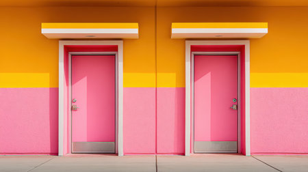 Two vibrant pink doors stand side by side against a bright yellow and pink wall, creating a cheerful atmosphere that invites exploration.の素材