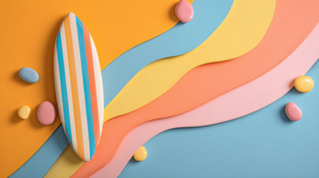 A retro surfboard rests on vibrant waves of pastel colors, surrounded by colorful stones, capturing a fun summer vibe in a creative design.の素材