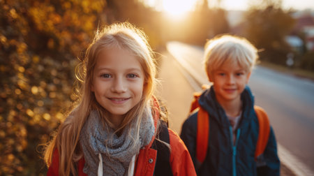 Two children stroll down a picturesque road surrounded by golden autumn leaves as the sun sets, creating a warm, cheerful atmosphere.の素材