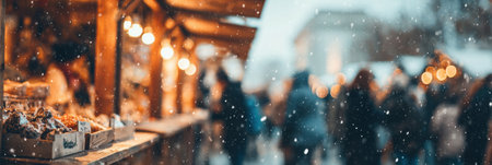Crowds enjoy the vibrant atmosphere of a winter market, surrounded by stalls filled with festive treats and twinkling lights in the snowfall.の素材
