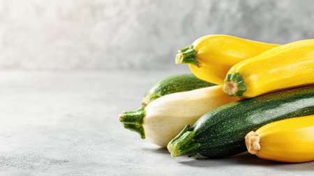 Vibrant zucchini and yellow squash are arranged attractively on a gray kitchen surface, showing their fresh appearance and smooth textures.の素材