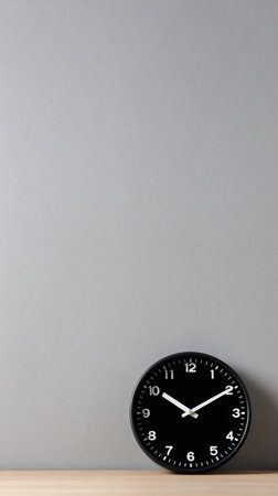 Black wall clock shows time clearly against a plain gray wall, resting on a light wooden surface. A minimalist decor style is evident in the composition.の素材