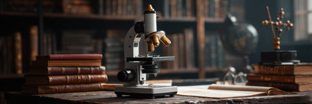 A microscope rests on a wooden desk cluttered with books in a warm, inviting library. Afternoon light filters through the windows.の素材