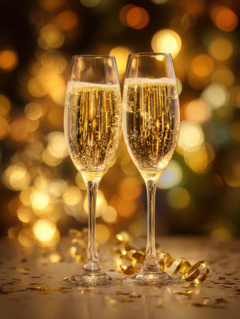 Two crystal flutes filled with sparkling drinks reflect a warm glow from golden bokeh lights, creating a festive ambiance perfect for celebration and joy.の素材