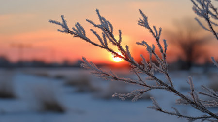 Frost-covered branches frame a stunning sunrise, casting warm hues against the cold winter scenery in a tranquil outdoor setting.の素材