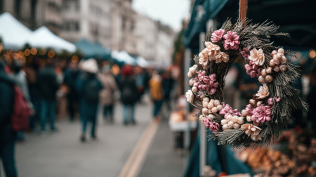A floral wreath adorned with pink flowers and greenery is showcased prominently at a lively market. People stroll and shop amidst holiday decorations.の素材