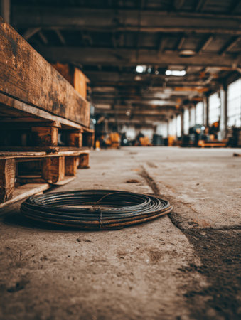 Wire coil rests on the concrete floor of a spacious industrial workspace, with wooden pallets stacked nearby and tools visible in the softly lit background.の素材