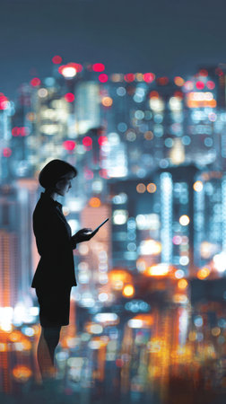A business professional stands silhouetted against a vibrant city skyline, interacting with a tablet, highlighting a blend of technology and urban life.の素材