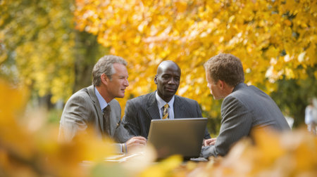 Three professionals engage in a discussion over a laptop amidst vibrant yellow autumn leaves in a park on a clear day.の素材
