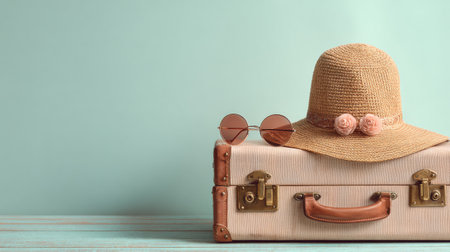 A straw hat adorned with flowers rests on a vintage suitcase. Round sunglasses sit beside, all set against a calming light blue background.の素材