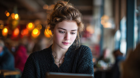 A young woman with wavy hair intently looks at her tablet while seated in a vibrant cafe, surrounded by other patrons enjoying their time.の素材
