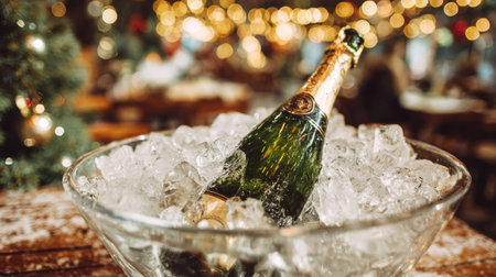 A chilled bottle of champagne sits among ice in a bowl, surrounded by warm lights, creating a festive and celebratory atmosphere at night.の素材