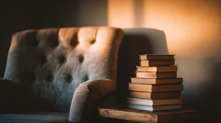 A cozy reading nook features a plush gray chair beside a stack of vintage books illuminated by warm afternoon light creating a relaxing atmosphere.の素材