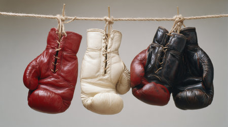 Three pairs of boxing gloves in red, white, and black are neatly hung on a rope, representing a focus on boxing training and athleticism.の素材