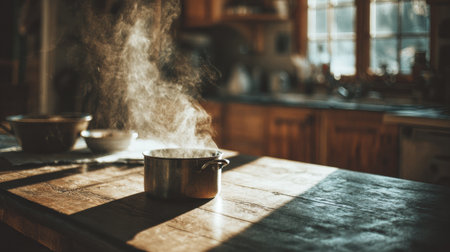 A pot sits on a wooden table, releasing steam as warm sunlight filters through windows, creating a cozy and inviting atmosphere in the kitchen.の素材