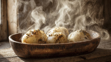 Warm dumplings sit in a wooden bowl, emitting steam, surrounded by a rustic kitchen ambiance that enhances the inviting atmosphere.の素材