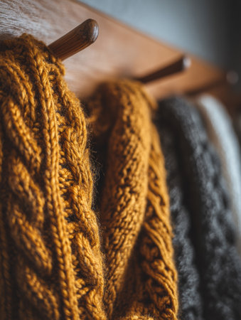 Softly textured, handcrafted sweaters hang on a wooden rack, showcasing vibrant colors that reflect the cozy atmosphere of a cool autumn day.の素材