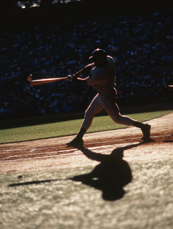 A baseball player is captured mid-swing during an evening game, with the crowd visible in low light, emphasizing the athletes silhouette.の素材