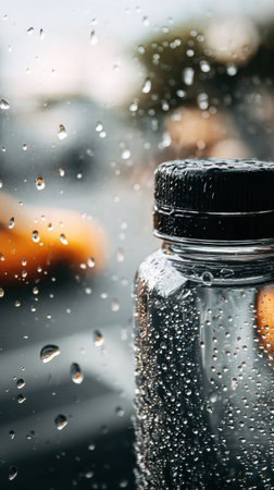 Rain falls on a clear water bottle, captured in close-up while blurred city elements create an atmospheric backdrop filled with vibrant colors.の素材