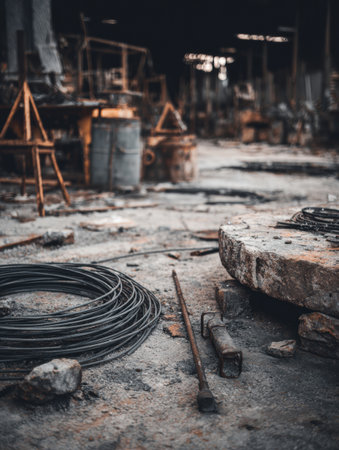 Rusty tools and metal scraps are scattered on the ground of a deserted industrial workshop, showcasing a once-bustling manufacturing environment.の素材