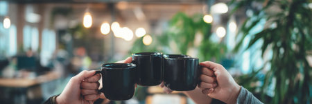 In a sunny office, people raise their coffee mugs in celebration, fostering team spirit after completing a project.の素材