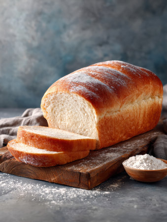 Soft, golden brown loaf of bread rests on a wooden cutting board with slices neatly arranged. A small bowl of flour sits nearby, ready for more baking.の素材