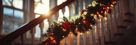 A beautifully adorned staircase features garlands with lights and ornaments as the warm sunset casts a golden glow, creating a festive ambiance.の素材