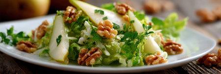 Crisp greens, sliced pear, and walnuts make a nutritious salad, showing vibrant colors and textures in a cozy dining setting.の素材