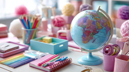 A vibrant workspace is cluttered with colorful stationery, a globe, and various school supplies, creating an inviting and creative atmosphere for studying.の素材