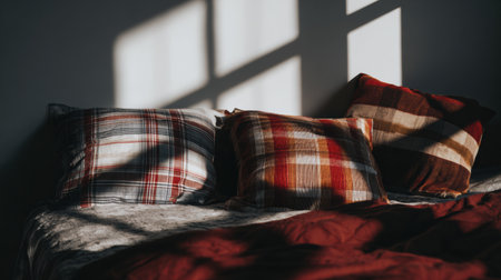 A bed featuring plaid pillows and a rich red comforter, illuminated by soft morning light casting gentle shadows across the fabric.の素材
