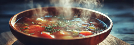 A hearty vegetable soup fills a rustic wooden bowl, steam rising into the air, creating a cozy atmosphere perfect for a chilly day.の素材