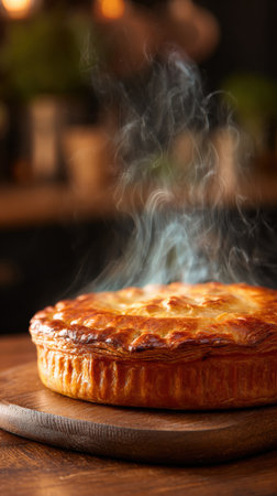 A delicious meat pie sits on a wooden board, steam rising from its golden crust in a warm, inviting kitchen atmosphere.の素材