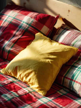 Bright afternoon light illuminates a cozy bed featuring red and green plaid bedding and a cheerful yellow pillow, creating a warm and welcoming atmosphere.の素材