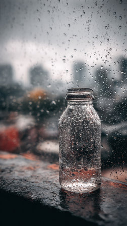 Drops of rain collect on a glass surface, while a clear glass bottle stands prominently on a ledge in an urban environment on a rainy day.の素材