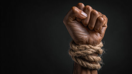 A strong fist clenched in defiance is bound with rough rope, signifying struggle and the fight for freedom in a dimly lit environment.の素材