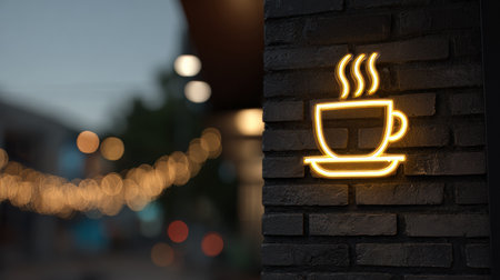 A bright neon sign of a coffee cup is mounted on a textured brick wall outside a cafe during evening hours. Soft string lights create a warm atmosphere.の素材