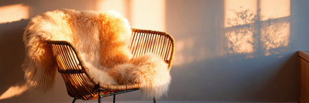 Sunlight streams through a window, illuminating a cozy armchair adorned with a plush fur throw, creating a warm atmosphere in a modern interior.の素材