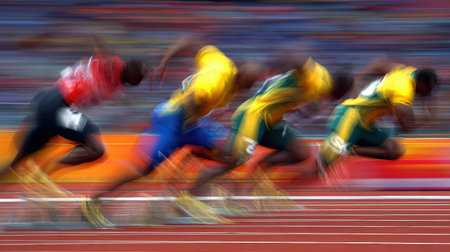 Five runners dash down the track, capturing the excitement of sprinting in a vibrant stadium during a competitive event.の素材