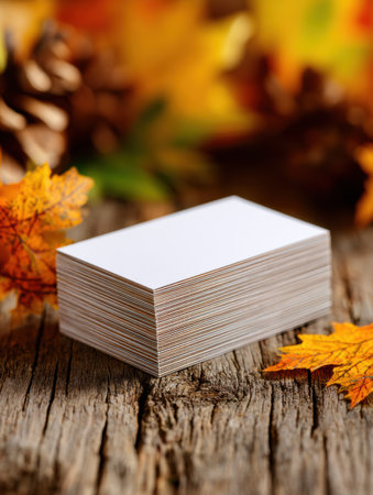 A stack of blank business cards rests on a rustic wooden table amidst colorful autumn leaves and natural pine cones, evoking a warm atmosphere.の素材