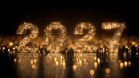 Golden illuminated digits spell out 2027, reflecting light in a dark setting, representing celebration and anticipation for the upcoming year.の素材